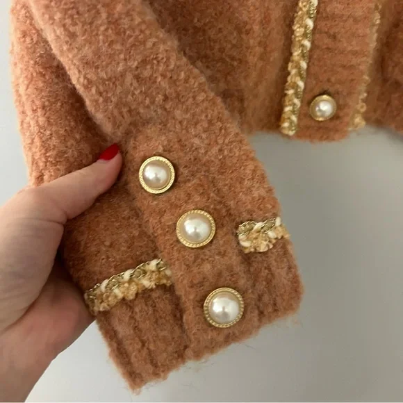 B+AB Orange Gold Pearl Wool Blend Cardigan Sweater - Picture 2 of 8